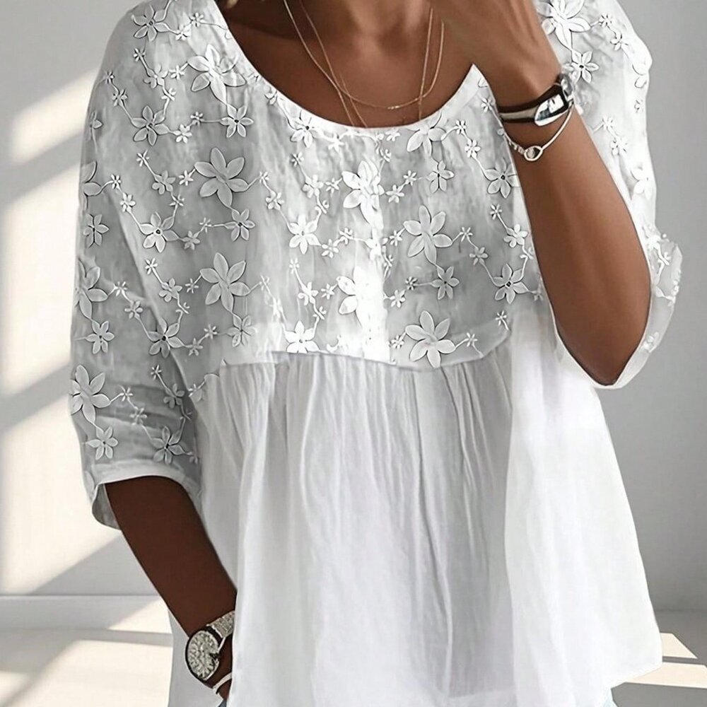 White Casual Women's Floral Embroidery Round Neck Loose Half Sleeve Blouse